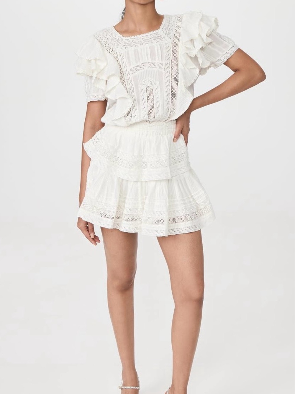 LoveShackFancy White Eyelet Tiered Mini Skirt